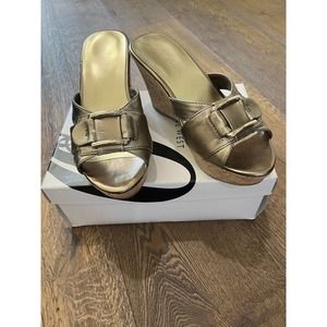 Nine West Womens Bronze Cork Platform Wedge Sandals Sz 7.5M Used With Box